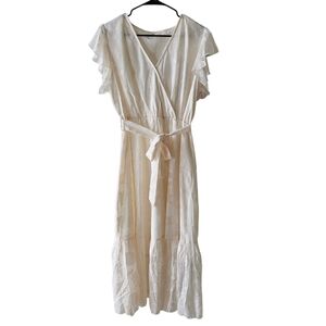 White/Beige V Neck Flowy Floral Lined Ruffle Sleeve Midi Dress XL